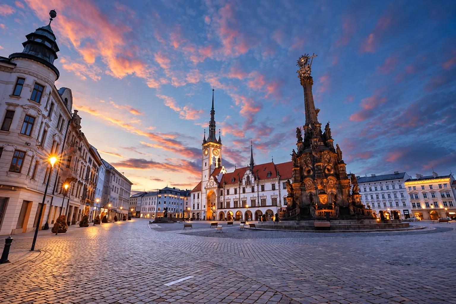 Olomouc – Sloup Nejsvětější Trojice a radnice na Horním náměstí